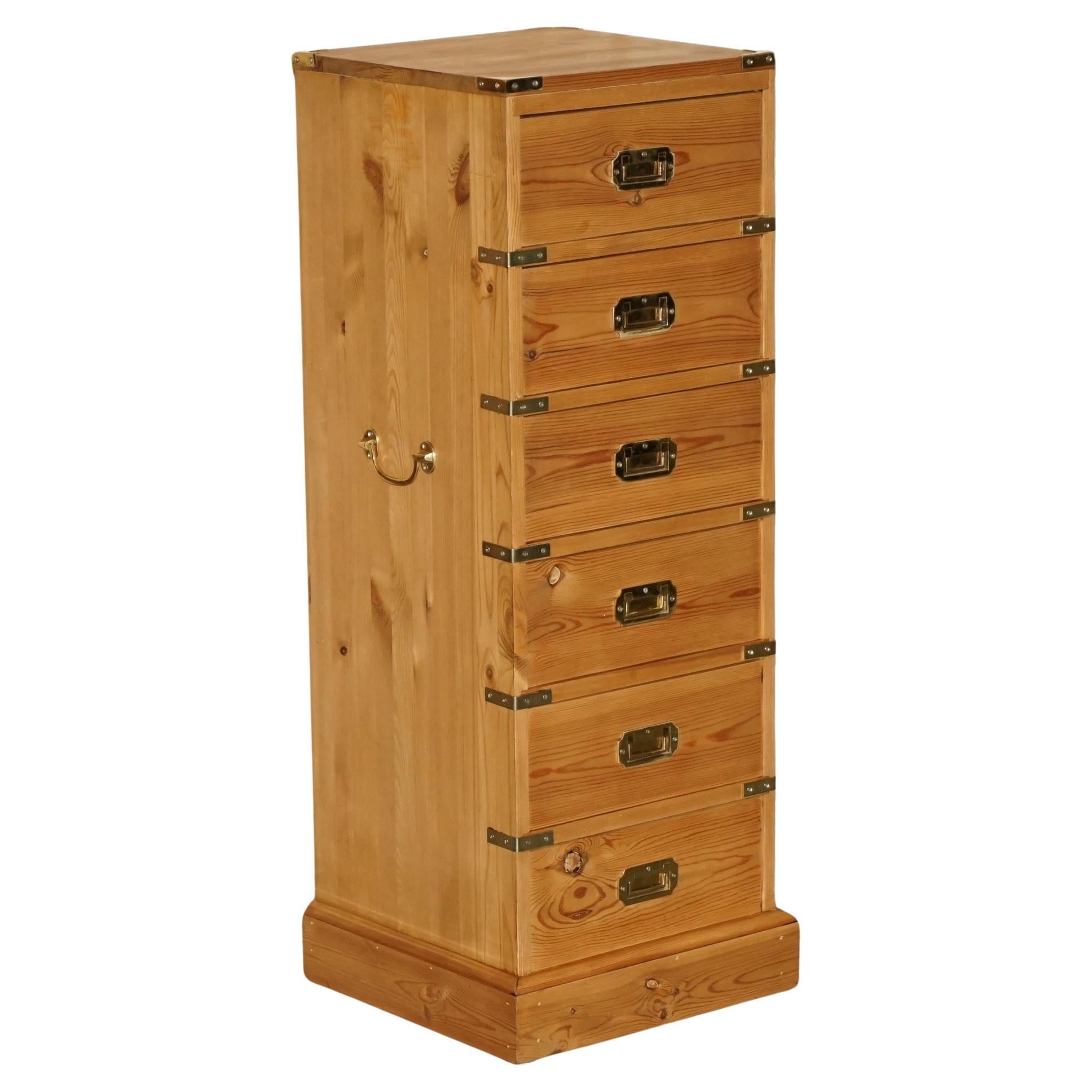 RESTORED ViNTAGE ENGLISH PINE & BRASS MILITARY CAMPIGN TALLBOY CHEST OF DRAWERS For Sale