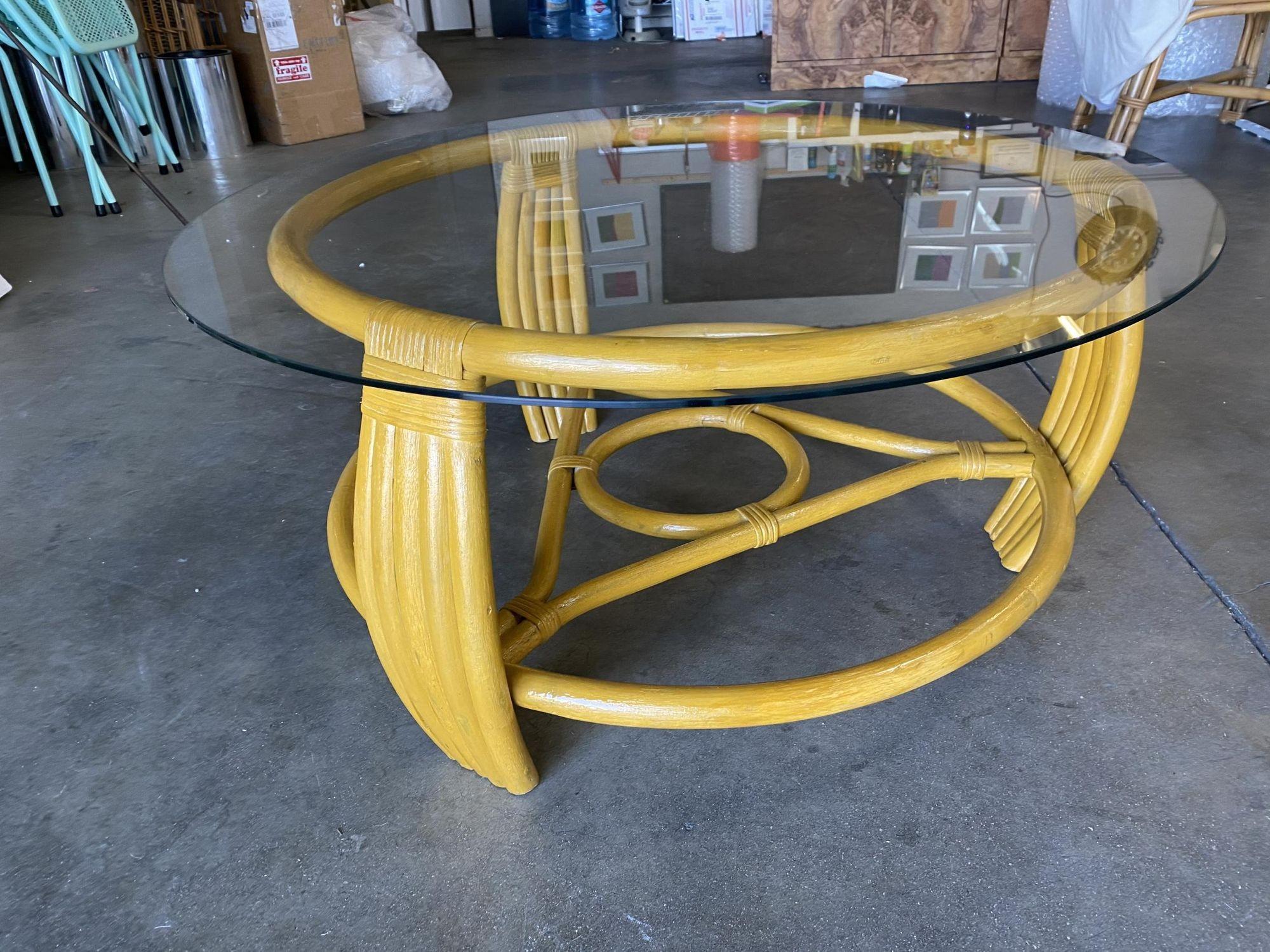Mid-Century Modern Restored Vintage Five Strand Rattan Coffee Table with Glass Top For Sale