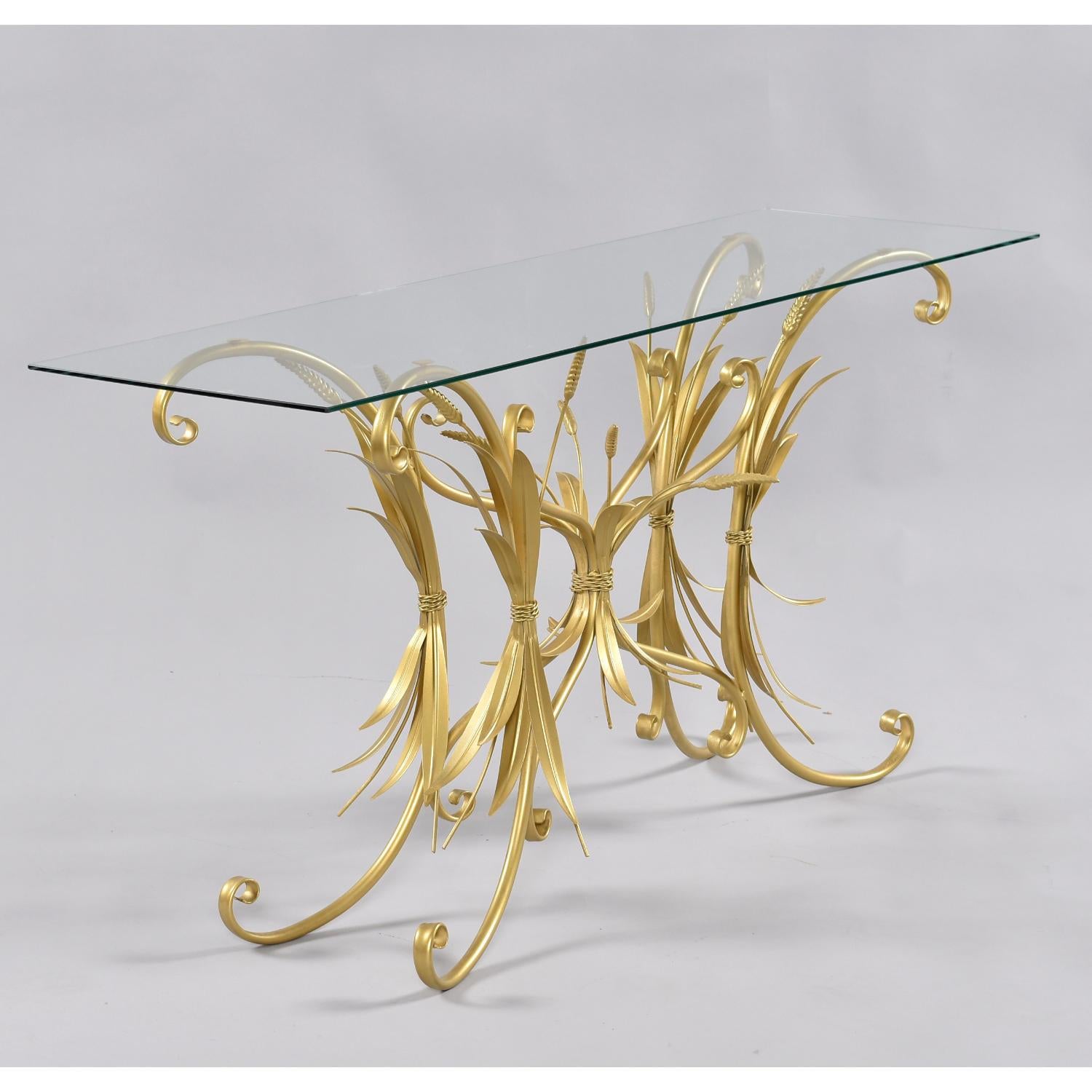 Freshly restored vintage tole wheat sheaf sofa table. The piece is likely Italian with signature maximalist flare. The whimsical piece is quite dynamic with scrolls, roping, and sprouting bundles of wheat. The narrow form is ideal for placement