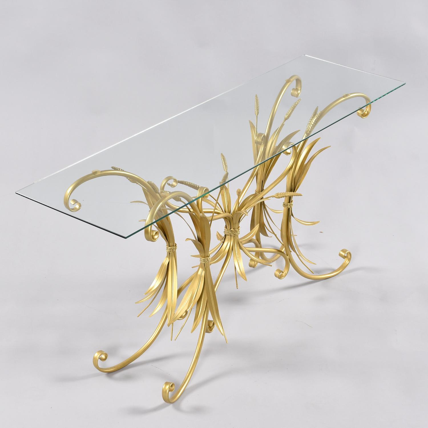 Hollywood Regency Restored Vintage Gilded Wheat Sheaf Tole Sofa Table with New Glass For Sale