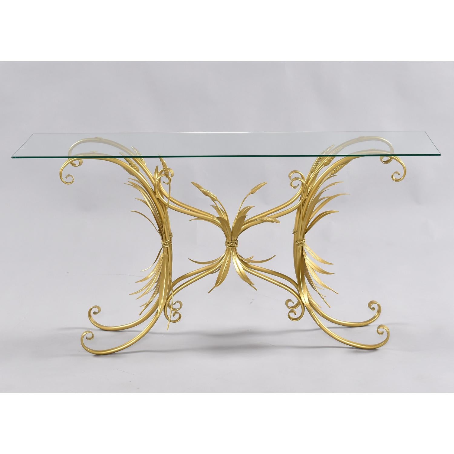 Restored Vintage Gilded Wheat Sheaf Tole Sofa Table with New Glass In Excellent Condition For Sale In Chattanooga, TN