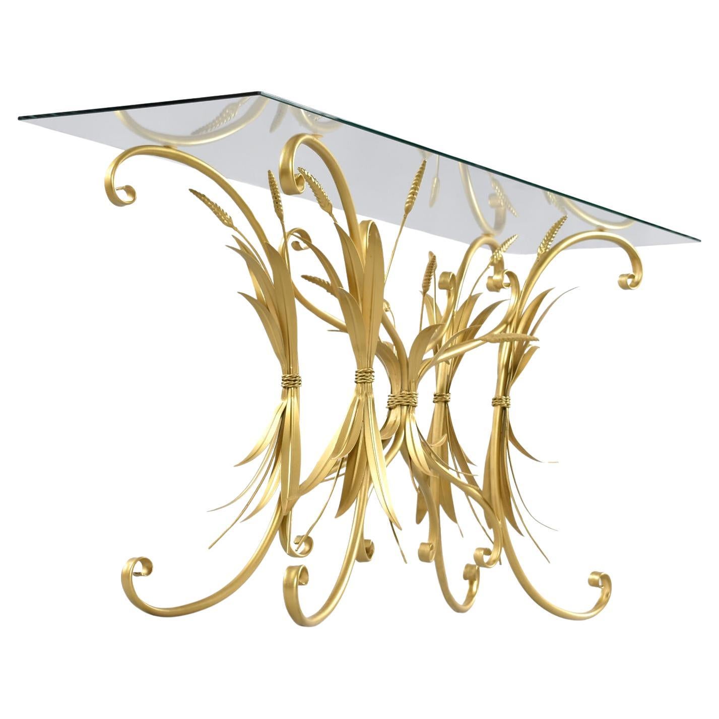 Table de canapé vintage restaurée en tôle de blé dorée avec verre neuf