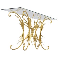 Restored Vintage Gilded Wheat Sheaf Tole Sofa Table with New Glass