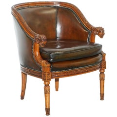 Restored Vintage Hand Dyed Age Brown Leather Rams Head Tub Club Armchair Rare
