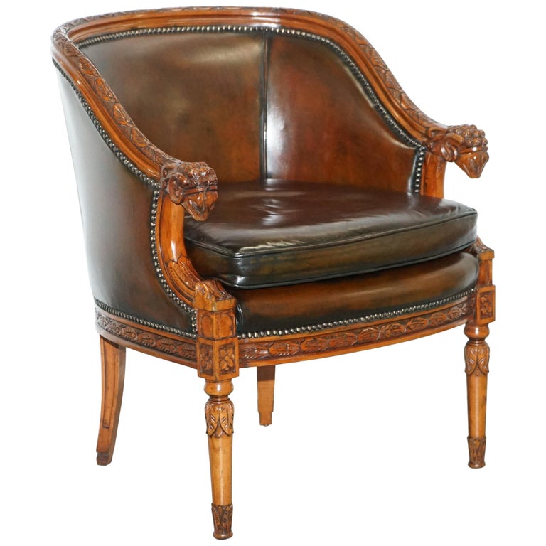 Red Vintage Hand Dyed Age Brown Leather Rams Head Tub Club Red Vintage Hand Dyed Age Brown Leather Rams Head Tub Club Armchair Rare For