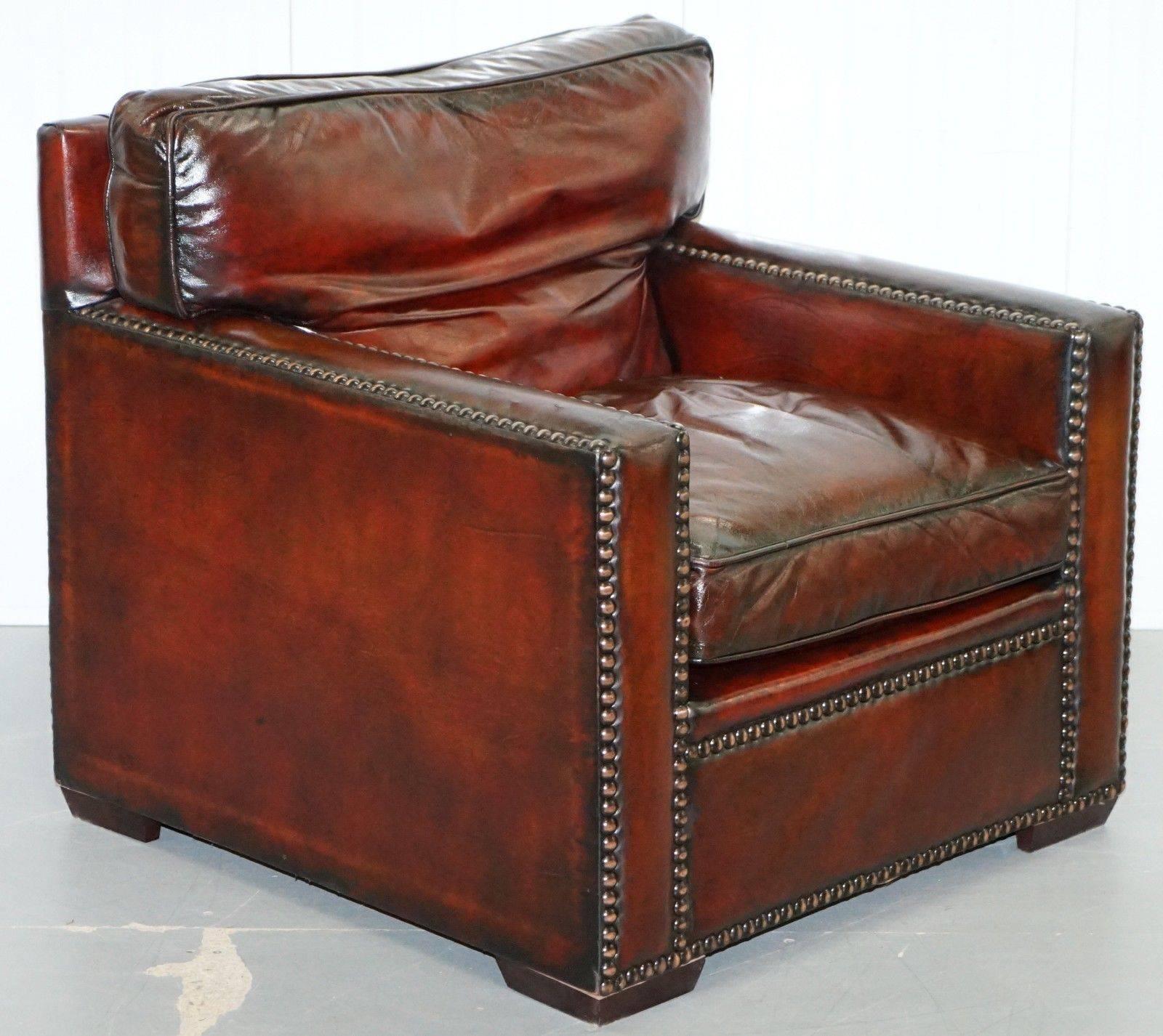 Restored Vintage Handmade in Chelsea Bordeaux Leather Armchair Part of Suite For Sale 6