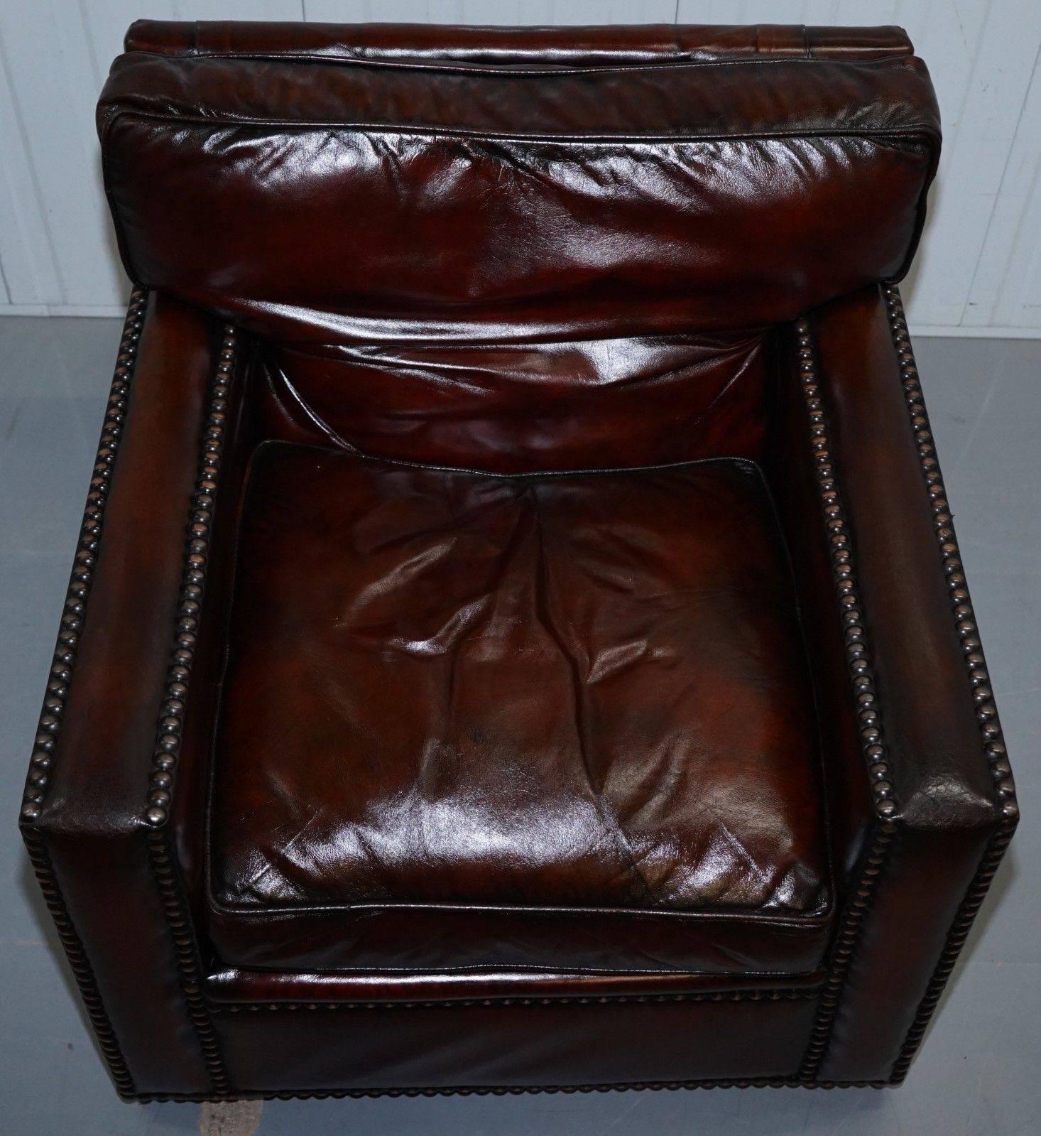 Victorian Restored Vintage Handmade in Chelsea Bordeaux Leather Armchair Part of Suite For Sale
