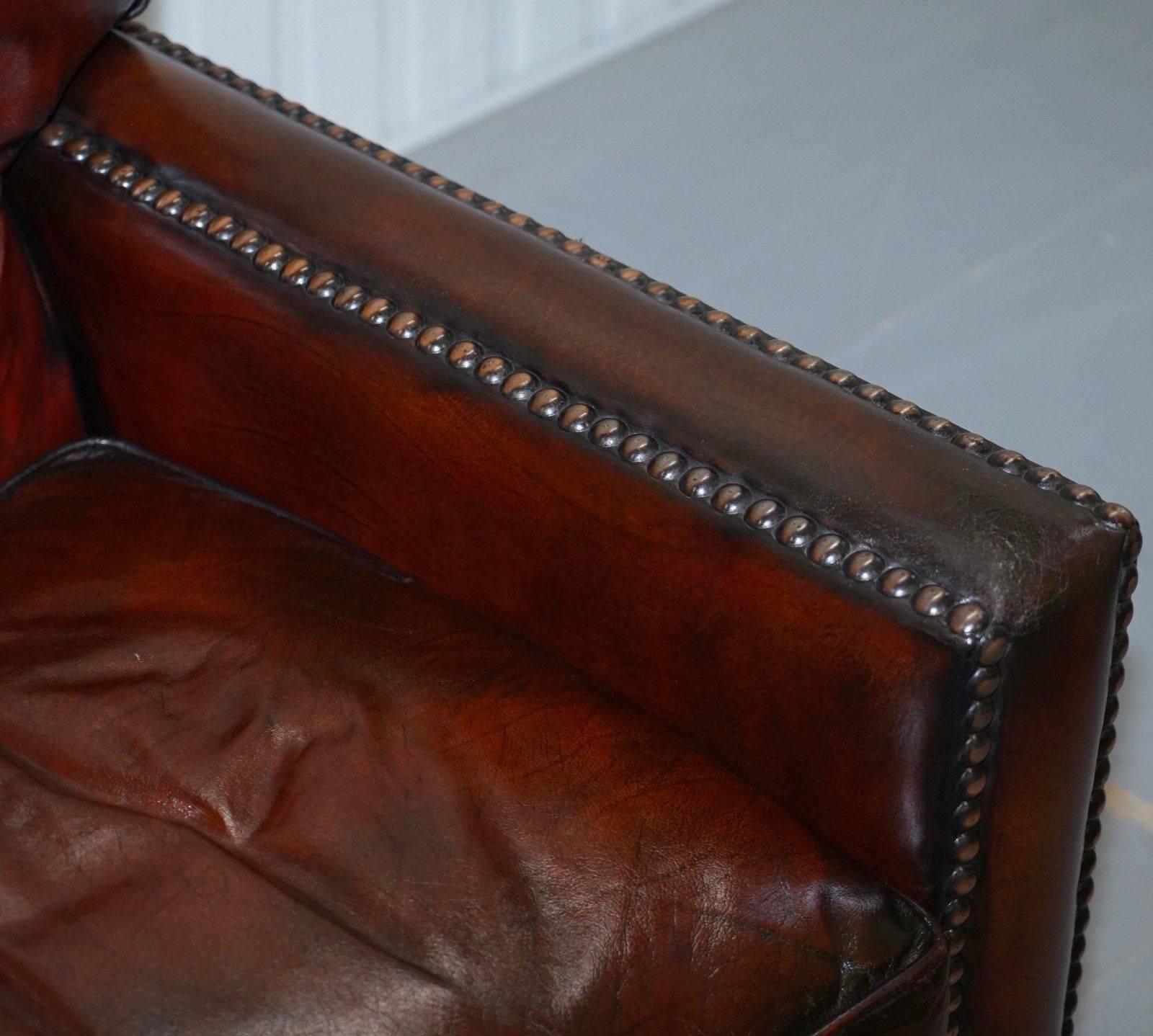 Hand-Crafted Restored Vintage Handmade in Chelsea Bordeaux Leather Armchair Part of Suite For Sale