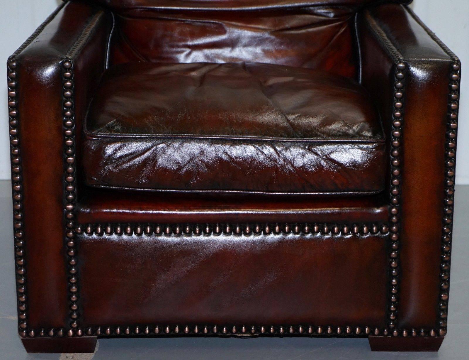 Restored Vintage Handmade in Chelsea Bordeaux Leather Armchair Part of Suite For Sale 1