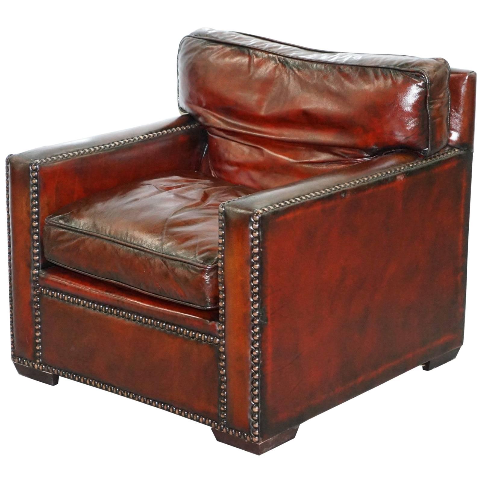 Restored Vintage Handmade in Chelsea Bordeaux Leather Armchair Part of Suite For Sale