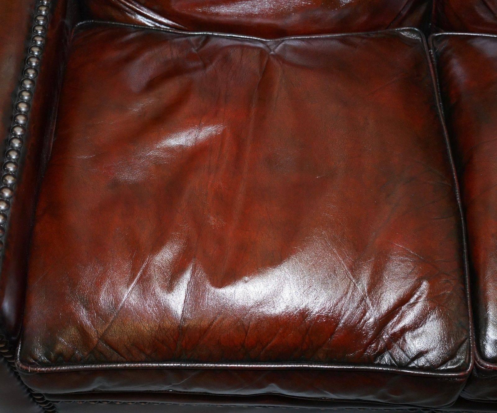 British Restored Vintage Handmade in Chelsea Bordeaux Leather Sofa Part of Huge Suite