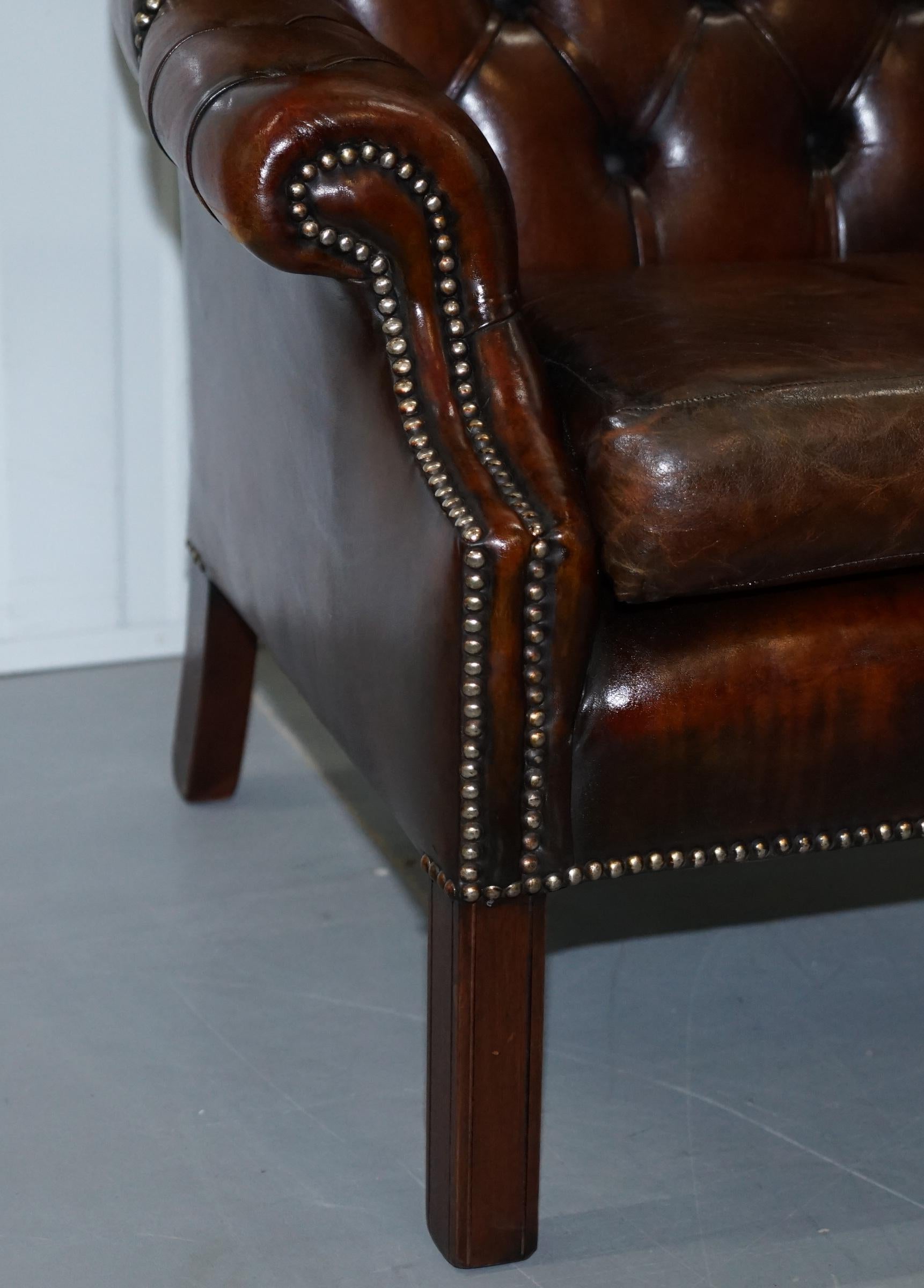 Leather Restored Vintage Handmade in England Chesterfield Wingback Armchair & Footstool