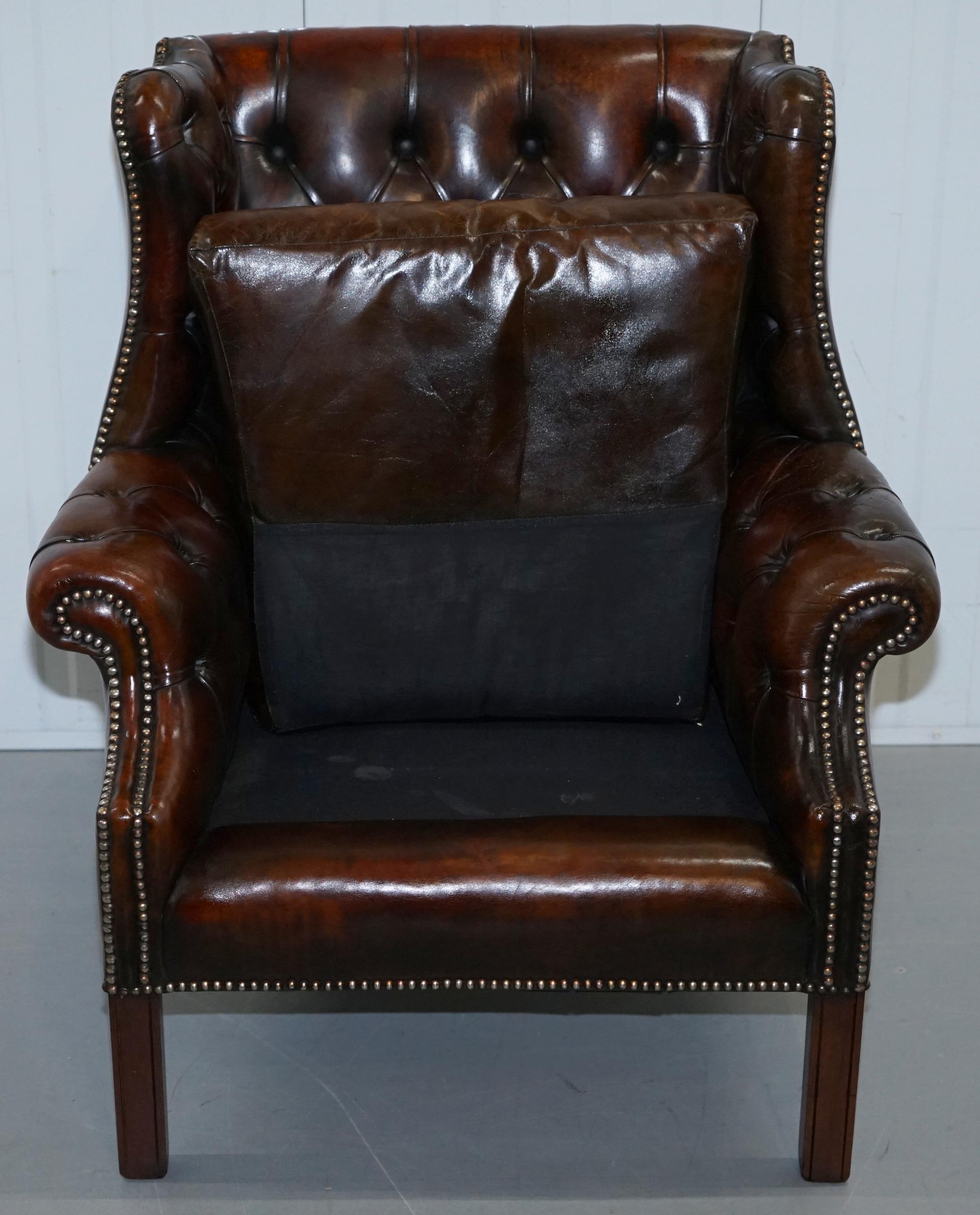 Restored Vintage Handmade in England Chesterfield Wingback Armchair & Footstool 1