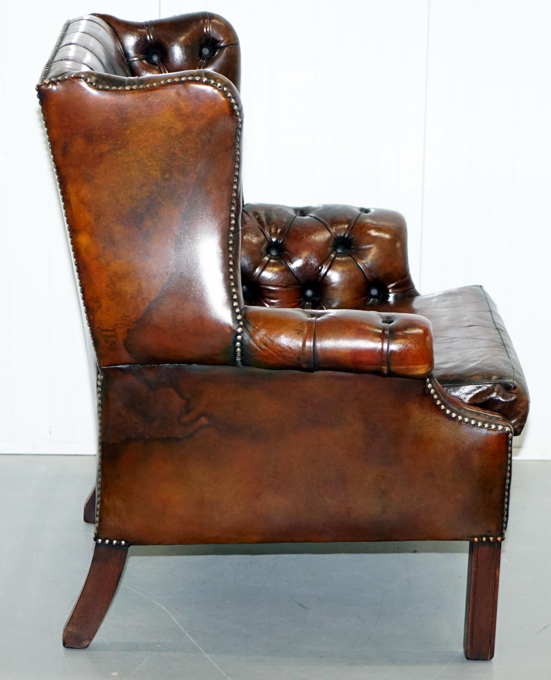 Restored Vintage Handmade in England Chesterfield Wingback Armchair & Footstool 2