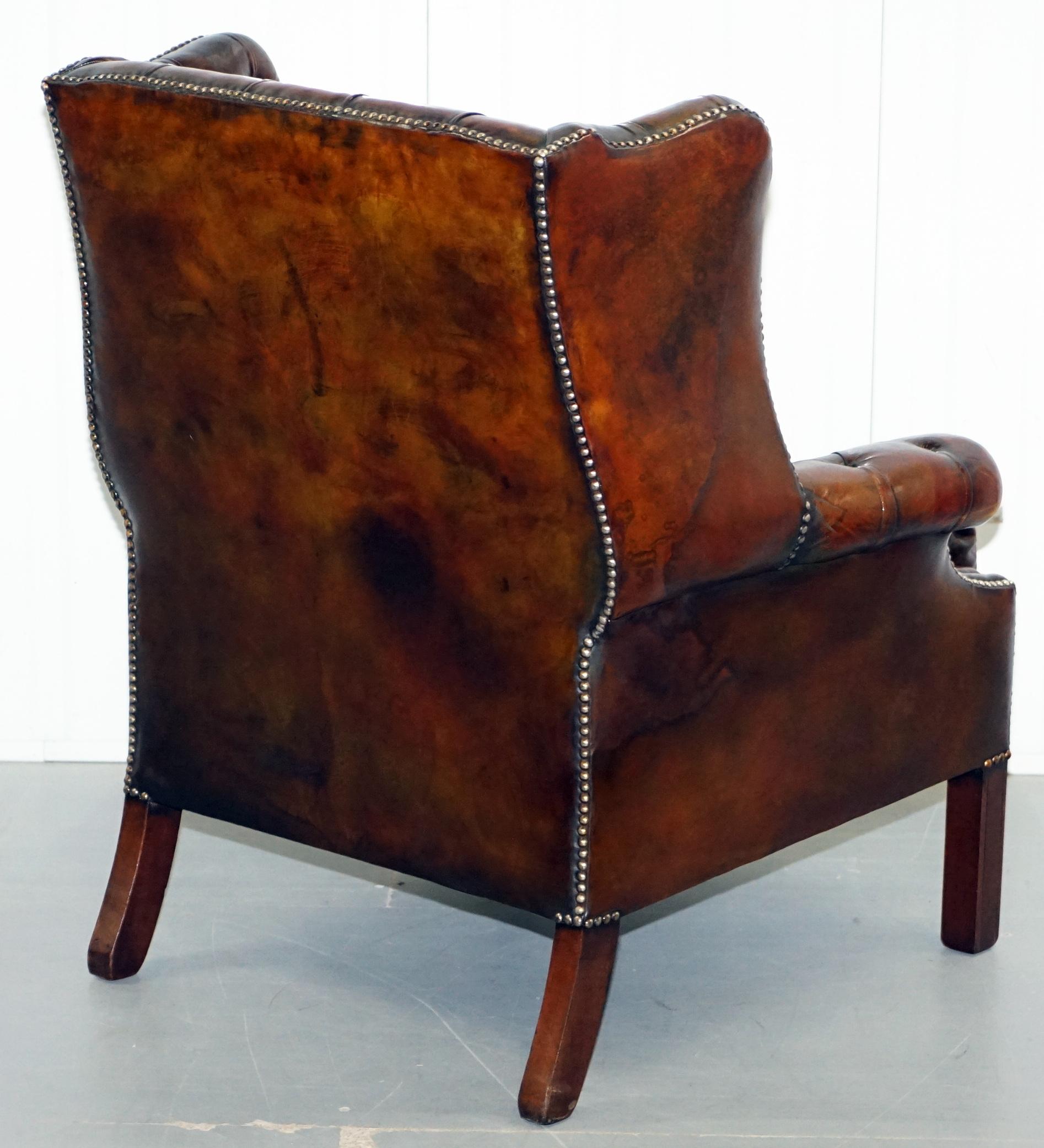 Restored Vintage Handmade in England Chesterfield Wingback Armchair & Footstool 3
