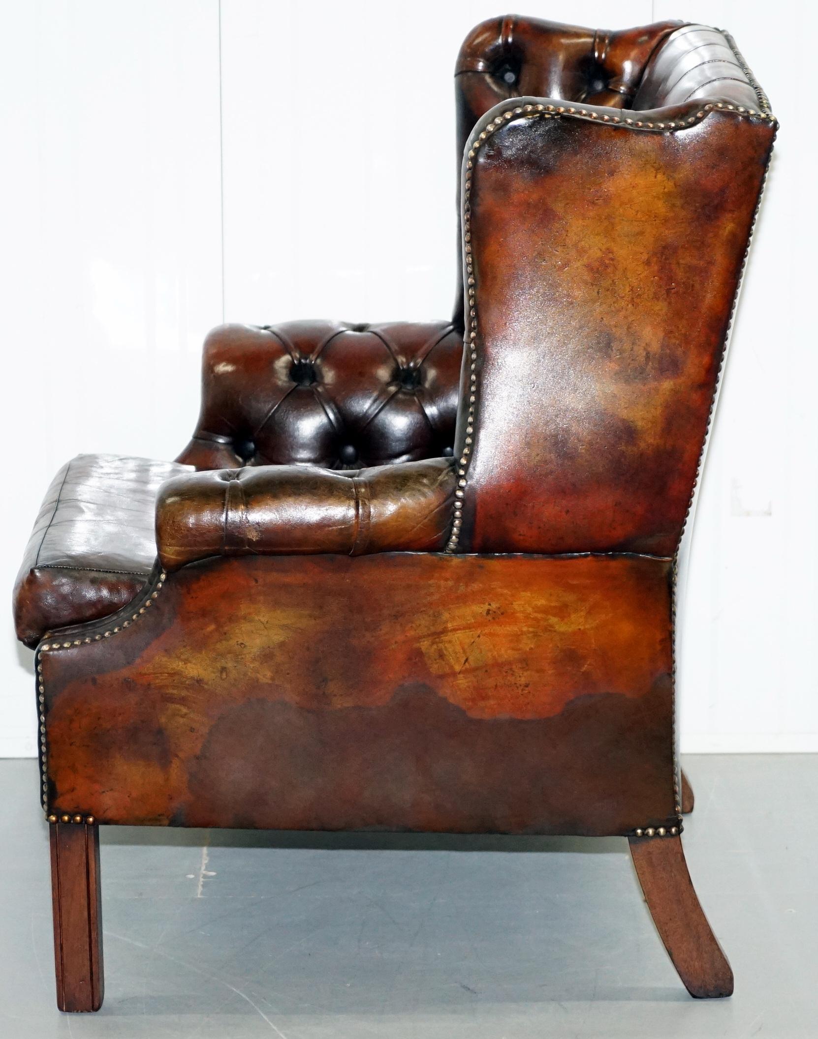 Restored Vintage Handmade in England Chesterfield Wingback Armchair & Footstool 5