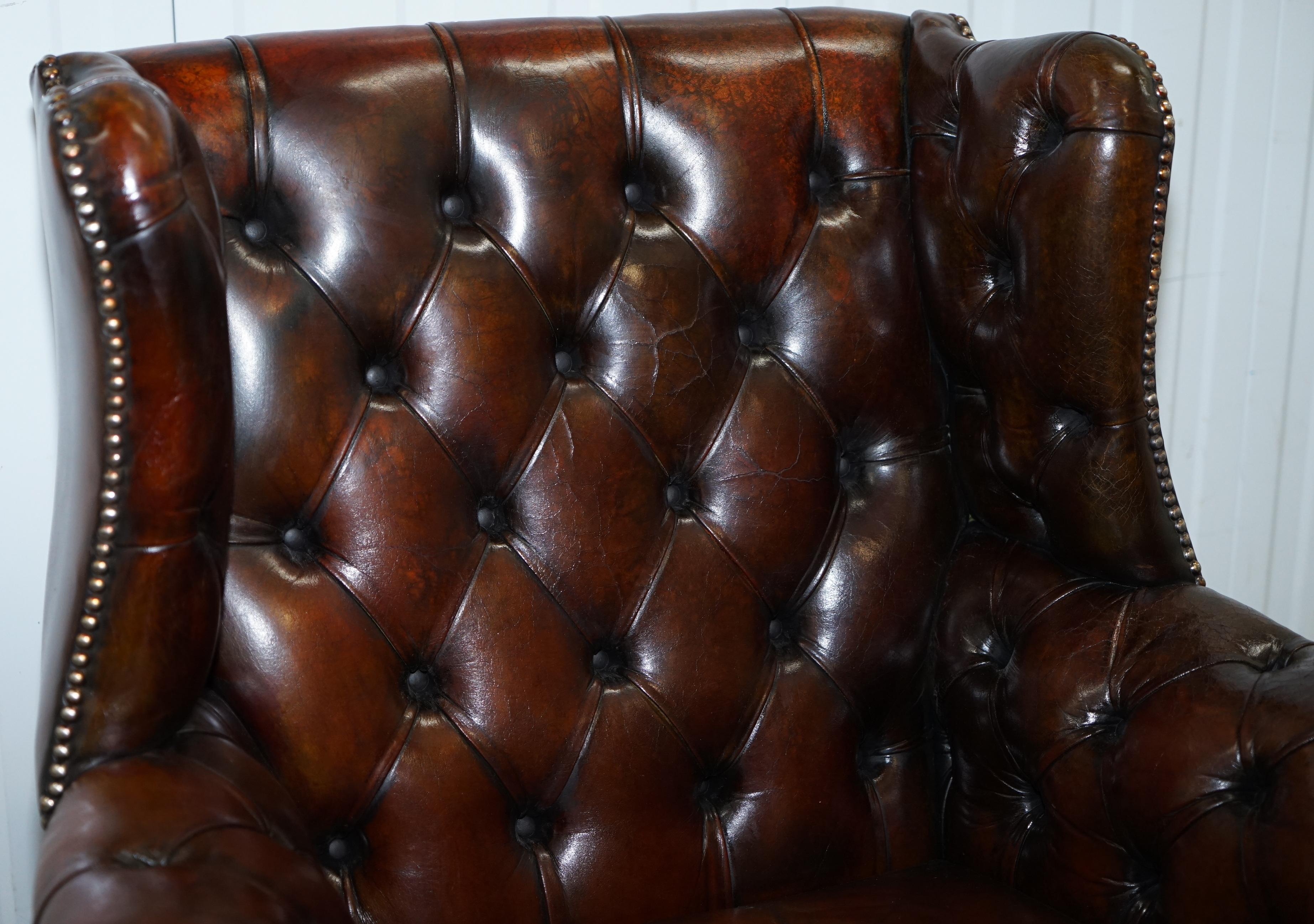 English Restored Vintage Handmade in England Chesterfield Wingback Armchair & Footstool
