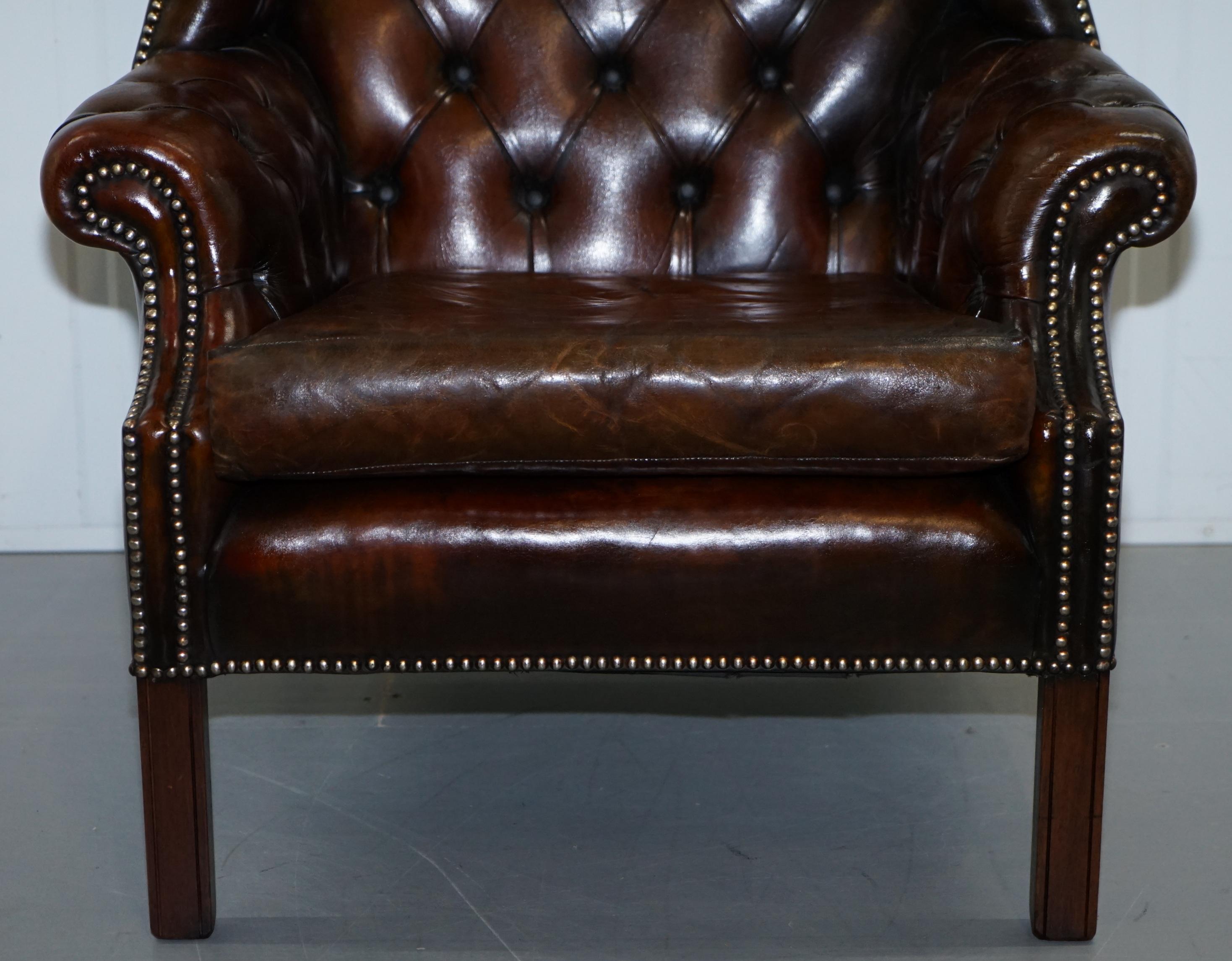 20th Century Restored Vintage Handmade in England Chesterfield Wingback Armchair & Footstool