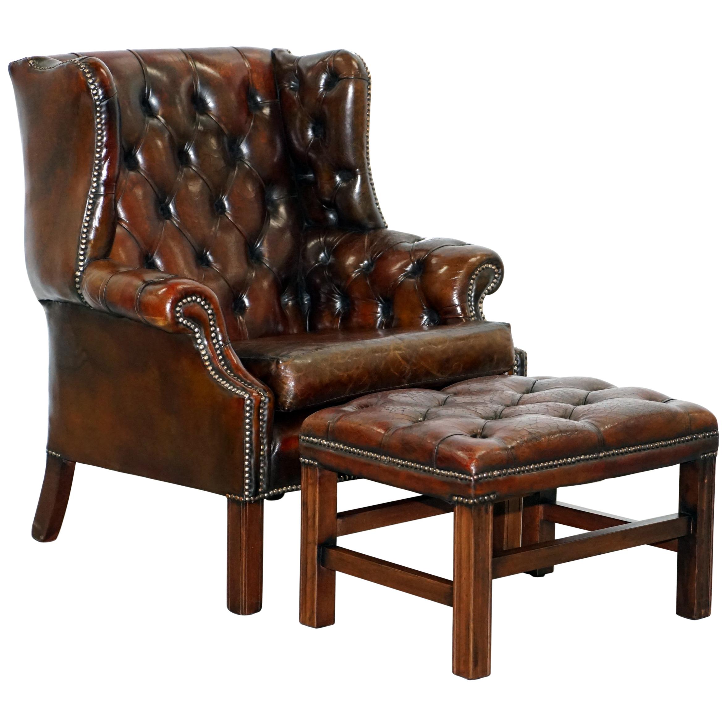 Restored Vintage Handmade in England Chesterfield Wingback Armchair & Footstool