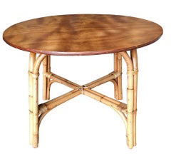 Restored Vintage Large 31" Round "X" Base Rattan Coffee Table With Oak Top