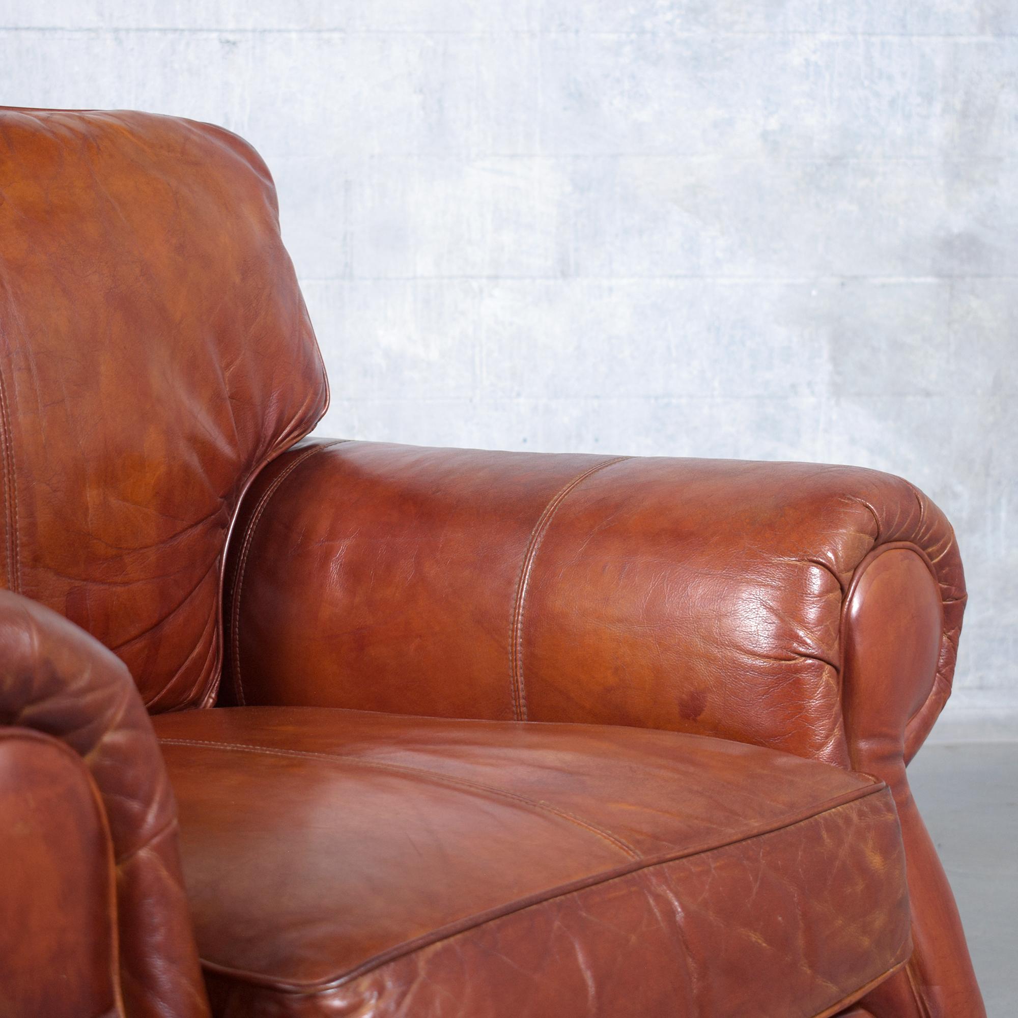 Restored Vintage Leather Armchairs in Cognac Brown with Carved Bun Legs For Sale 4