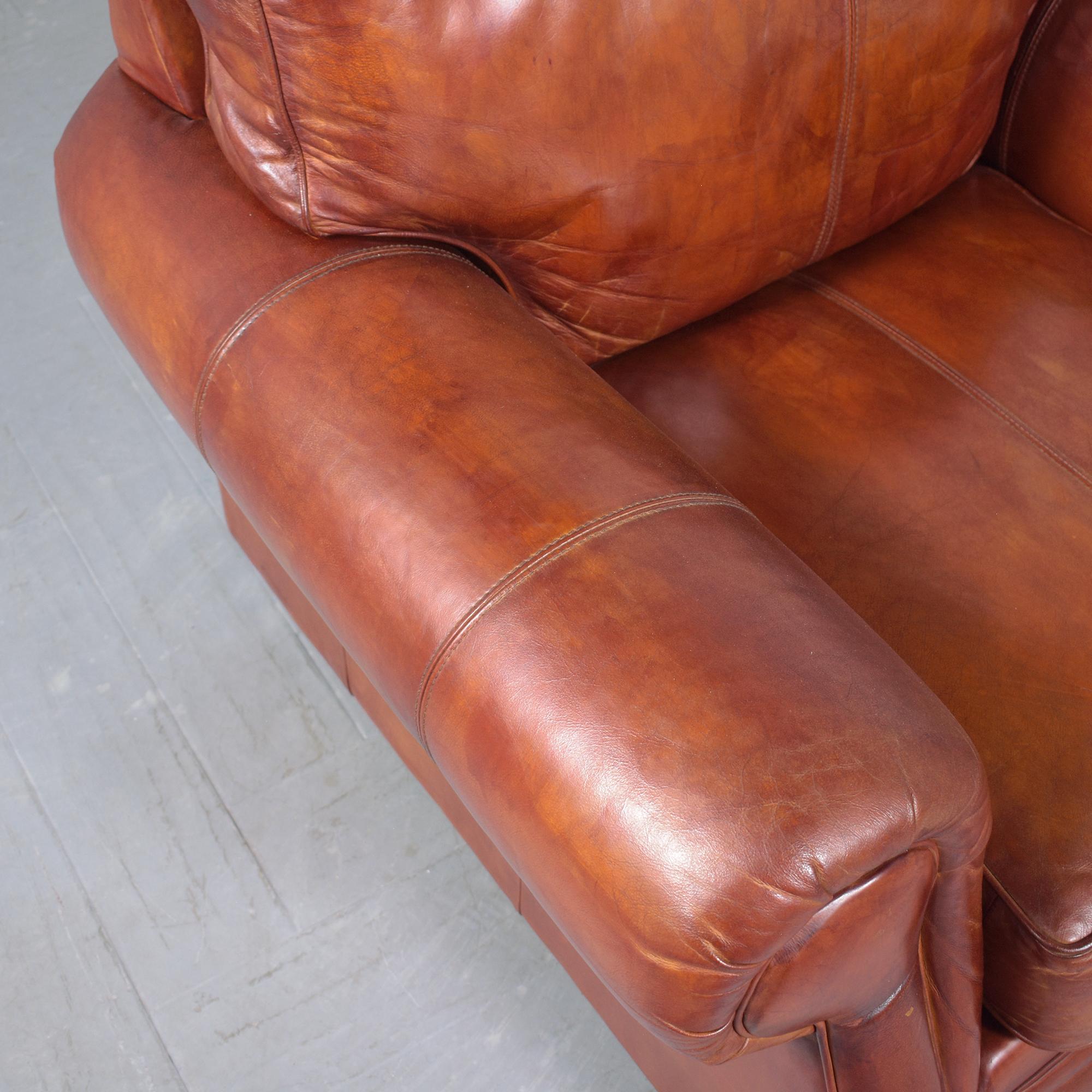 Restored Vintage Leather Armchairs in Cognac Brown with Carved Bun Legs For Sale 6