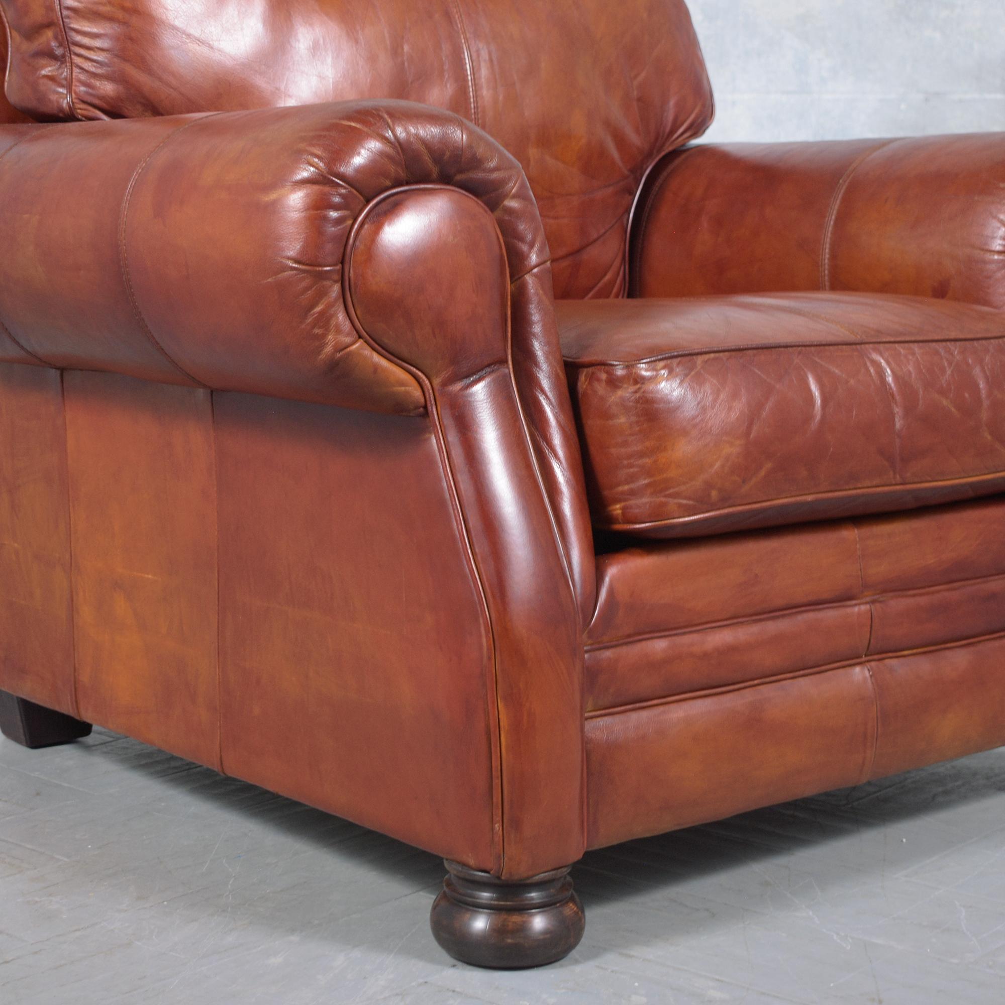 Restored Vintage Leather Armchairs in Cognac Brown with Carved Bun Legs For Sale 7