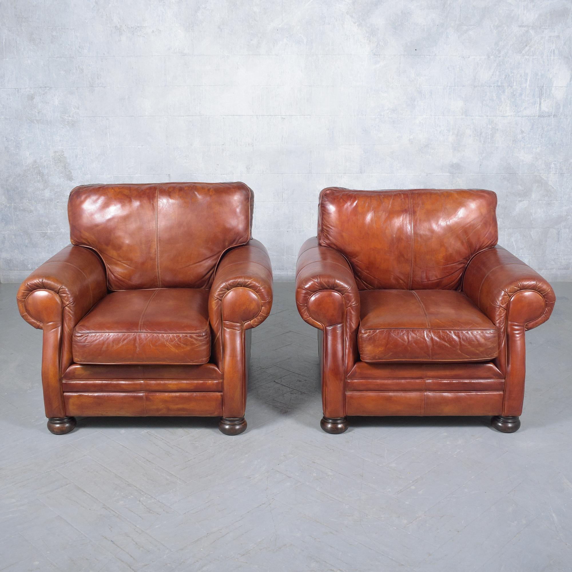 Baroque Restored Vintage Leather Armchairs in Cognac Brown with Carved Bun Legs For Sale