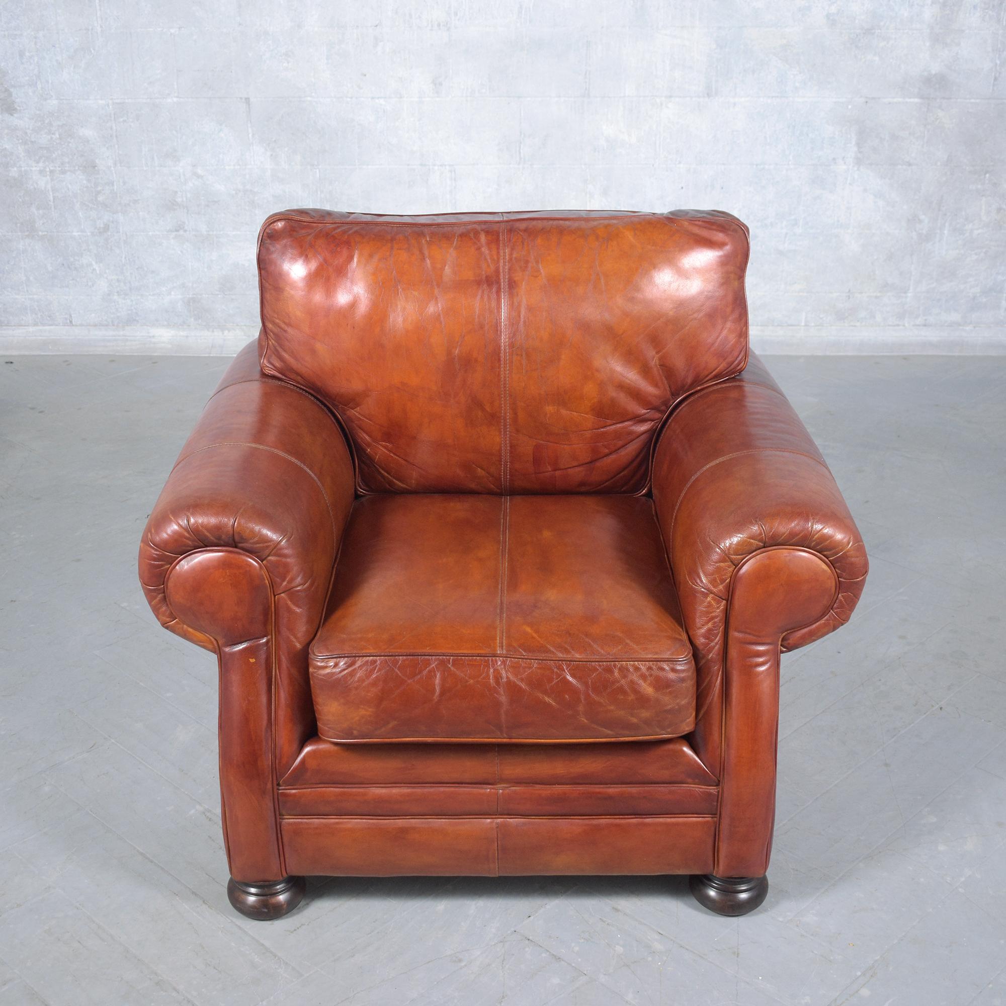 American Restored Vintage Leather Armchairs in Cognac Brown with Carved Bun Legs For Sale