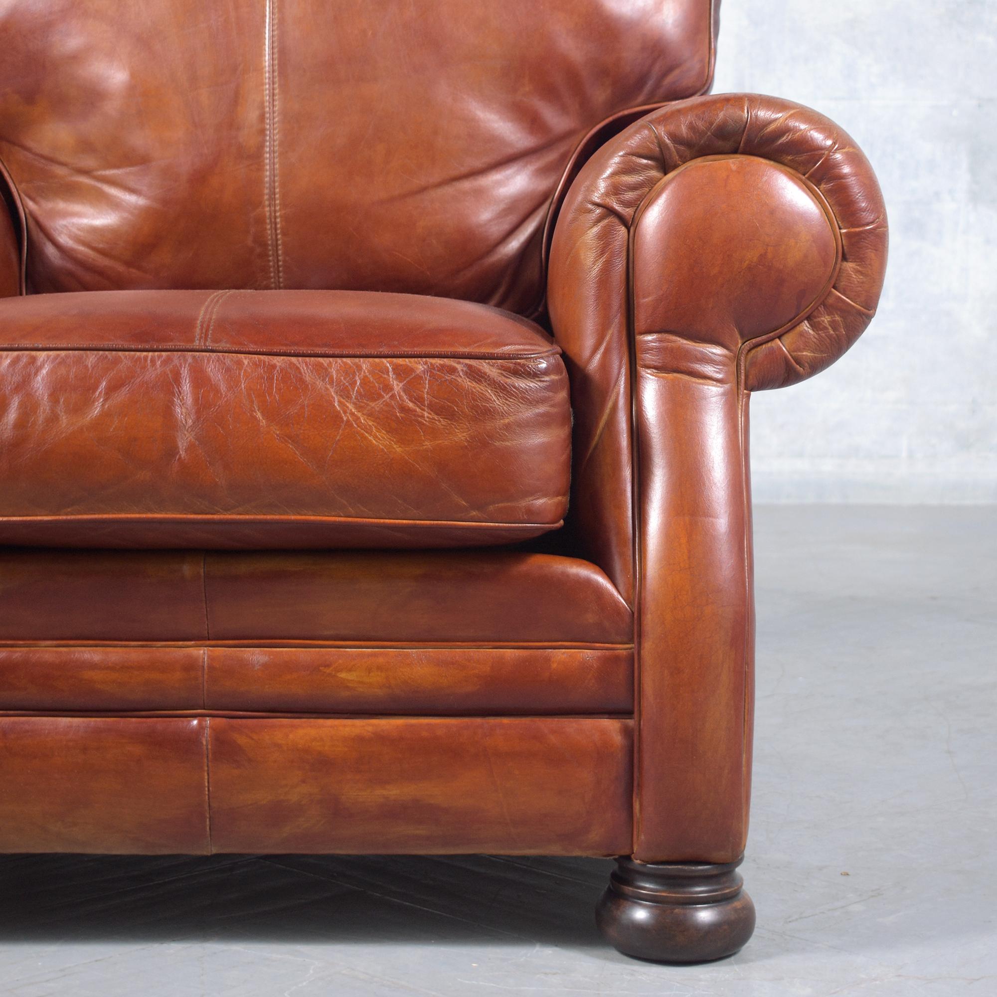 Late 20th Century Restored Vintage Leather Armchairs in Cognac Brown with Carved Bun Legs For Sale