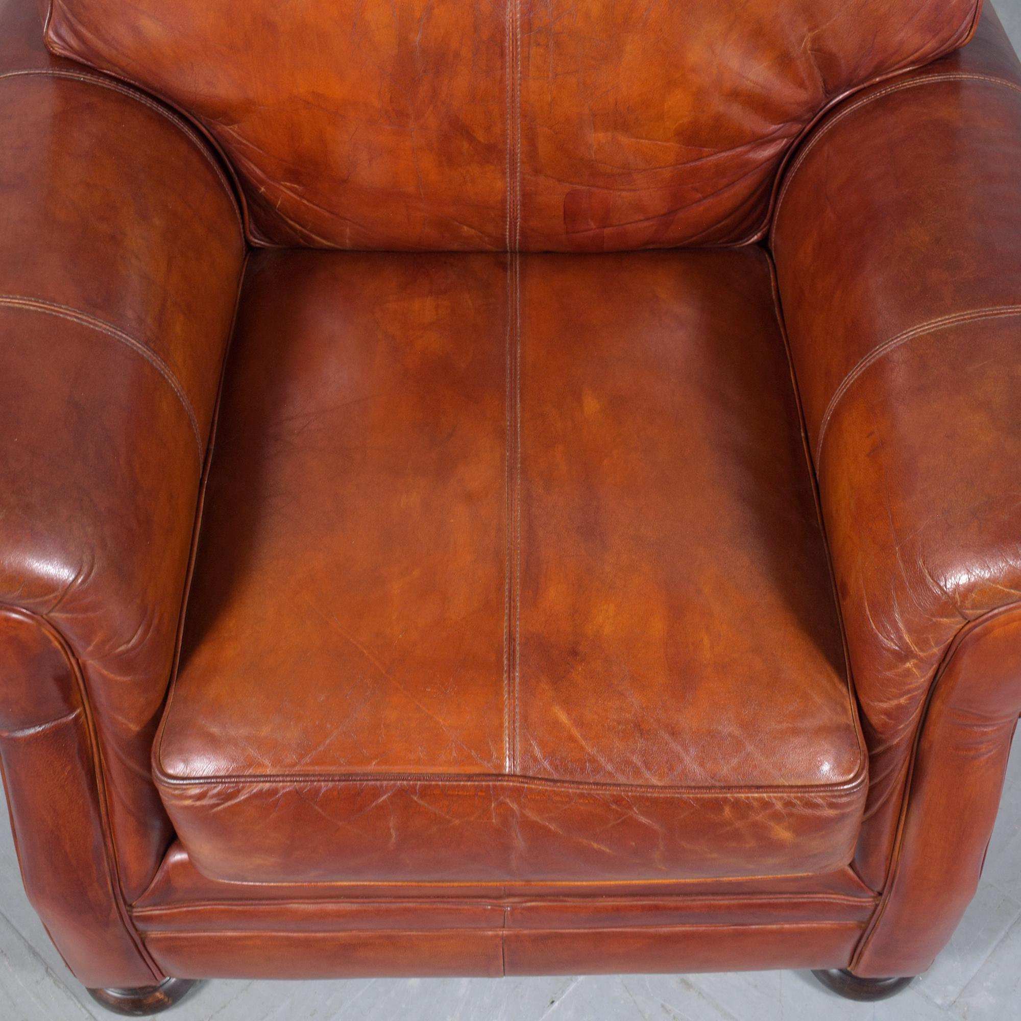 Restored Vintage Leather Armchairs in Cognac Brown with Carved Bun Legs For Sale 1