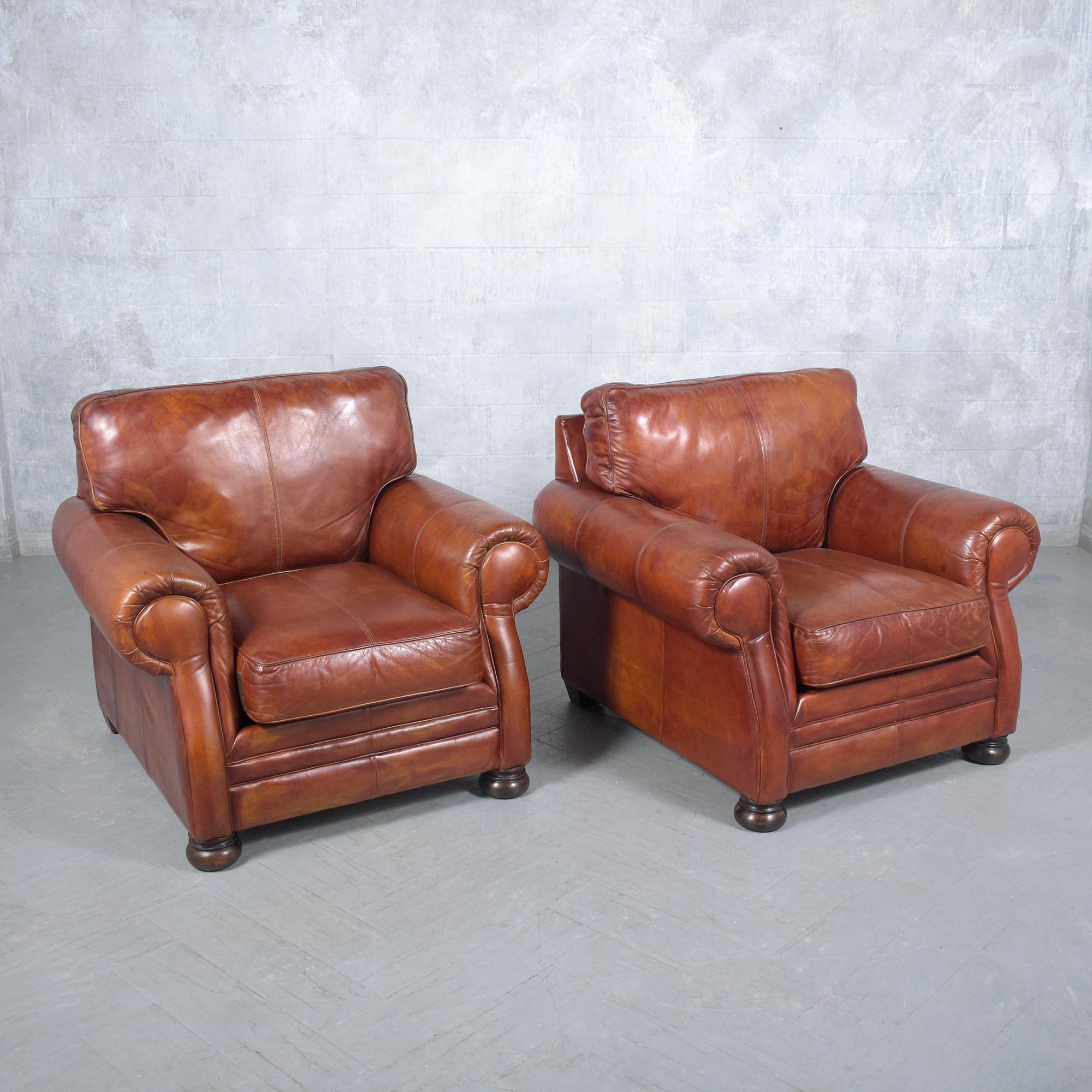 Restored Vintage Leather Armchairs in Cognac Brown with Carved Bun Legs For Sale 2