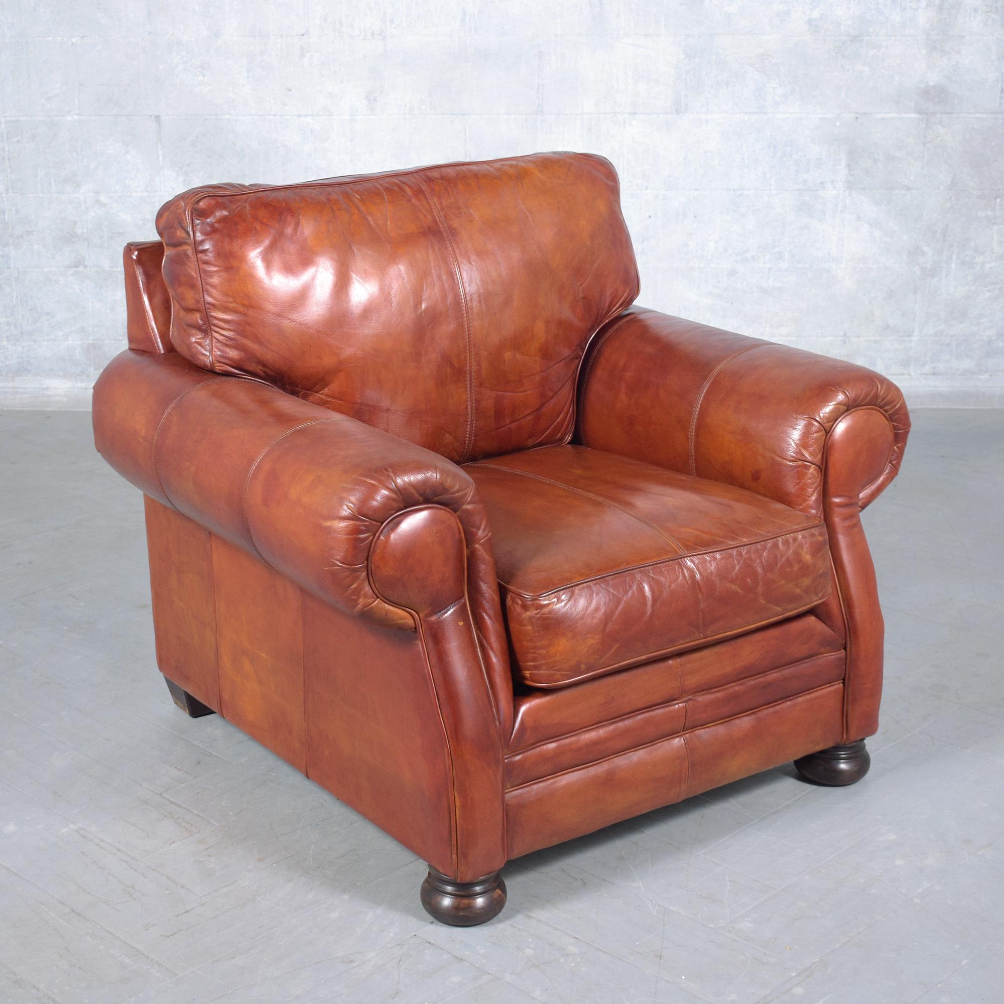 Restored Vintage Leather Armchairs in Cognac Brown with Carved Bun Legs For Sale 3