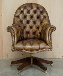 Restored Vintage Hardwood Brown Leather Chesterfield Captains Directors Armchair