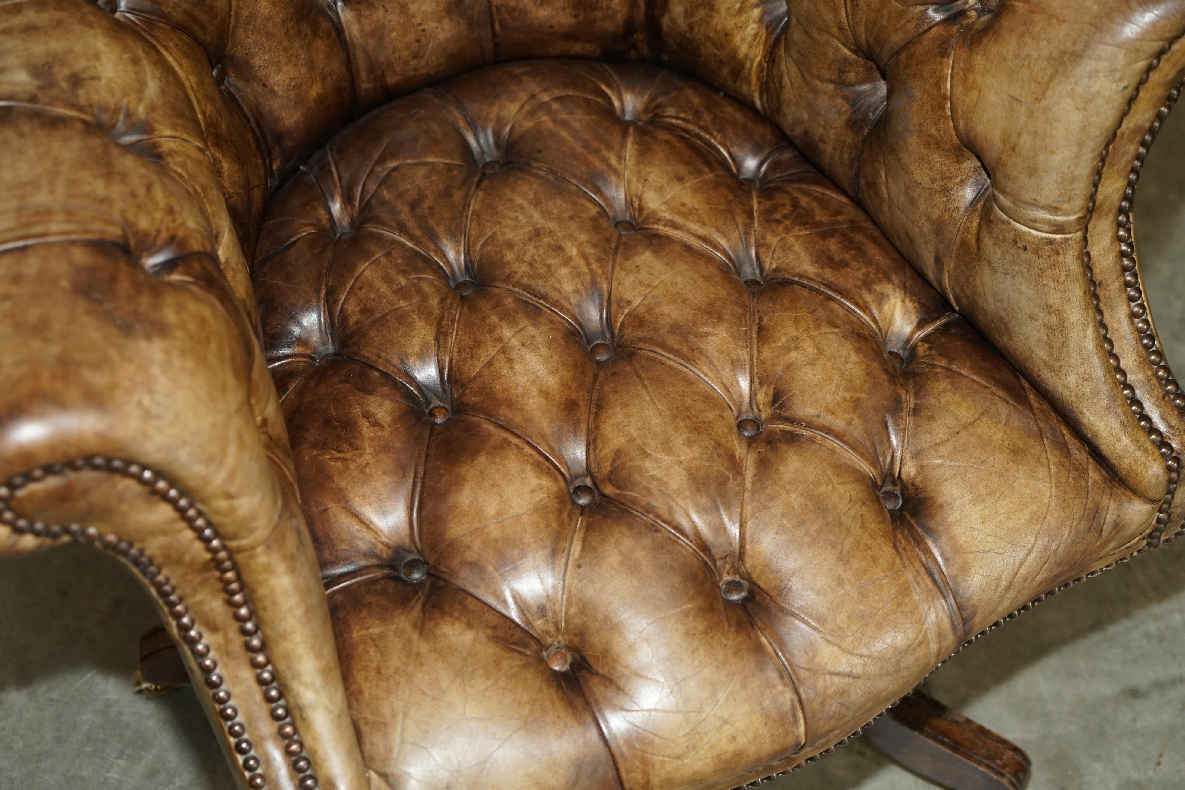 20th Century Restored Vintage Hardwood Brown Leather Chesterfield Captains Directors Armchair For Sale