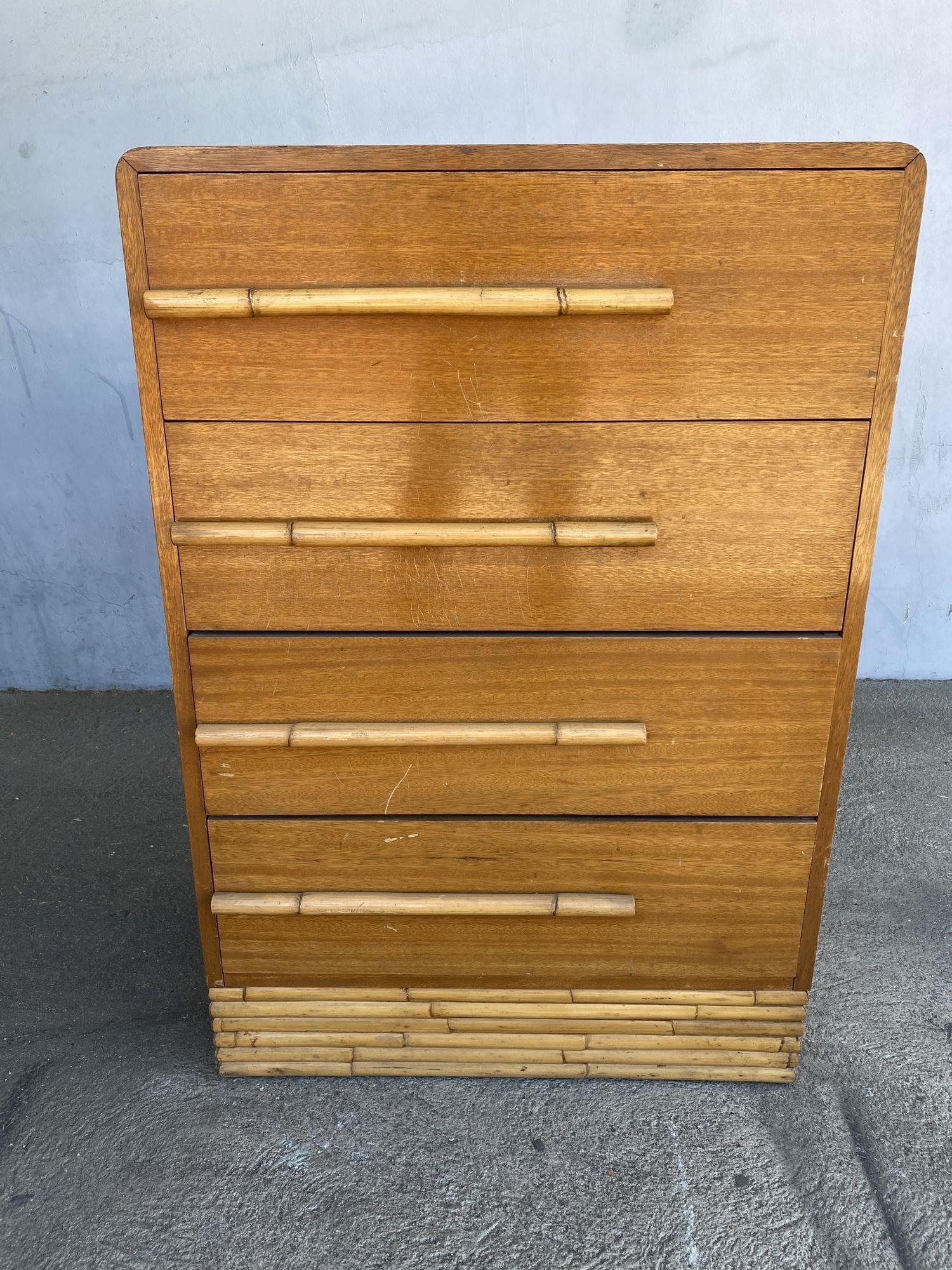 American Restored Vintage Midcentury Mahogany Highboy Dresser W/ Stacked Rattan Base For Sale