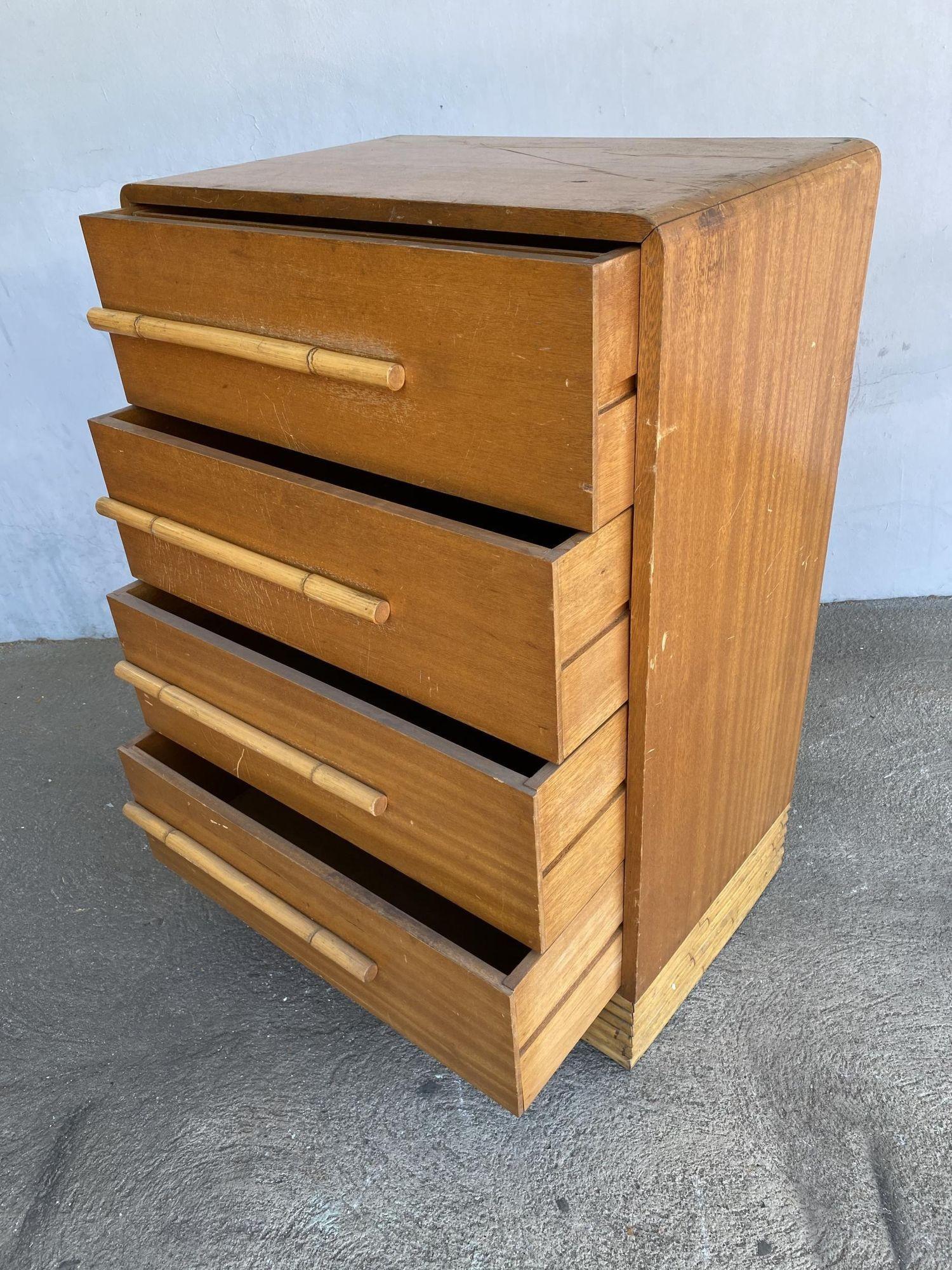 Mid-20th Century Restored Vintage Midcentury Mahogany Highboy Dresser W/ Stacked Rattan Base For Sale