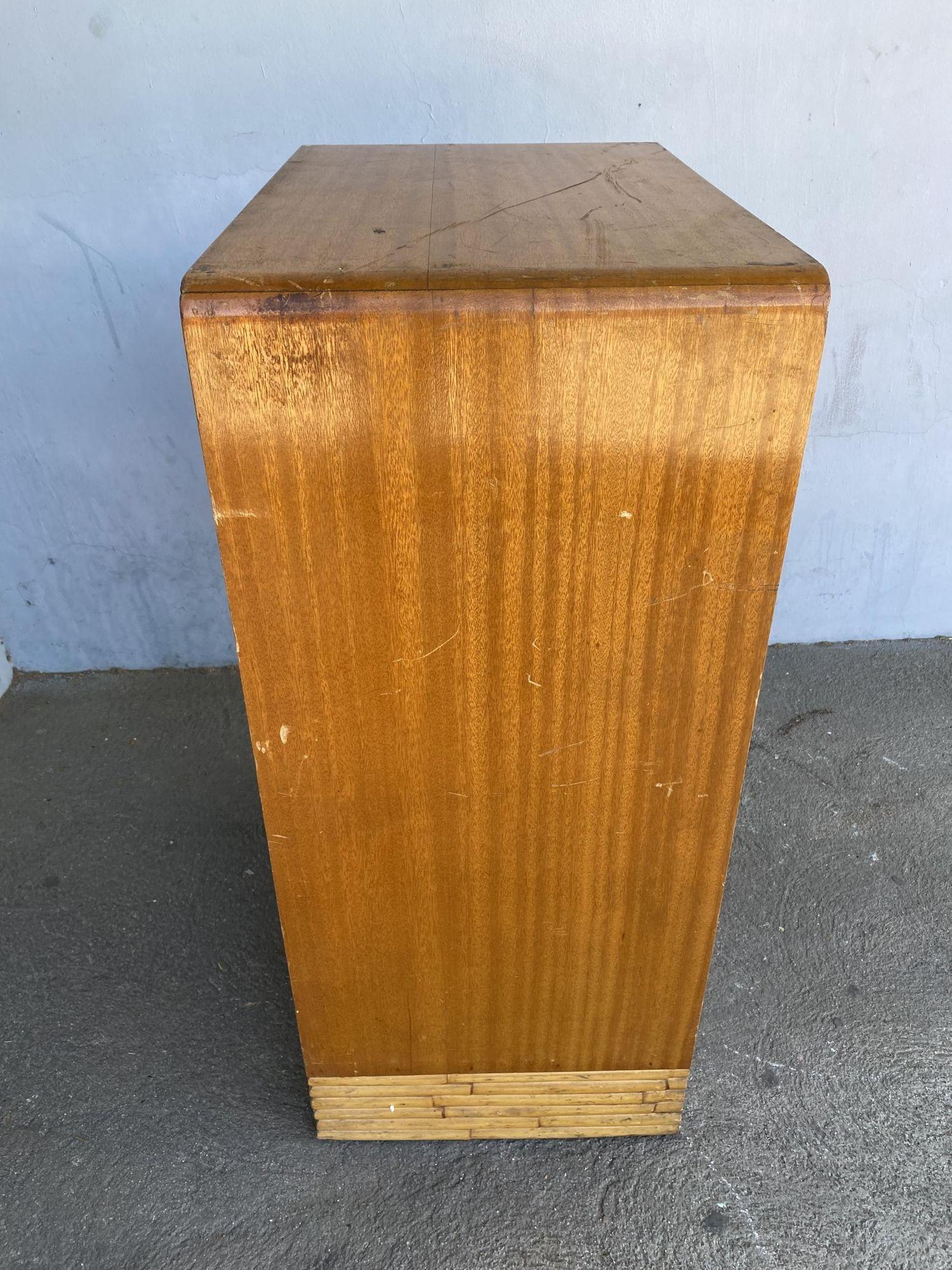 Restored Vintage Midcentury Mahogany Highboy Dresser W/ Stacked Rattan Base For Sale 3