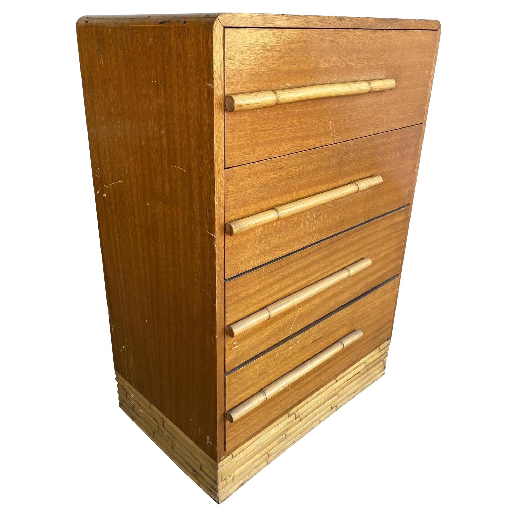 Restored Vintage Midcentury Mahogany Highboy Dresser W/ Stacked Rattan Base For Sale