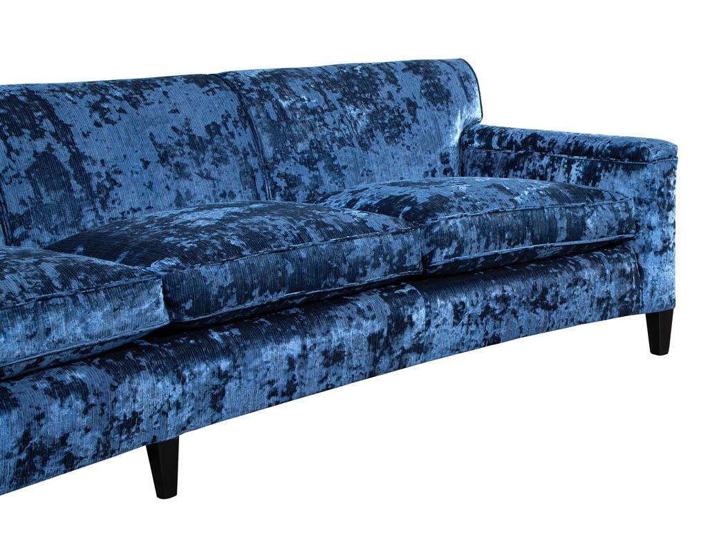 Restored Vintage Mid-Century Modern Blue Velvet Curved Sofa For Sale 3