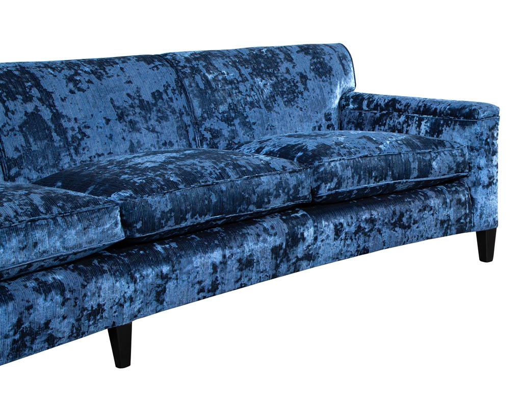 Restored Vintage Mid-Century Modern Blue Velvet Curved Sofa For Sale 2