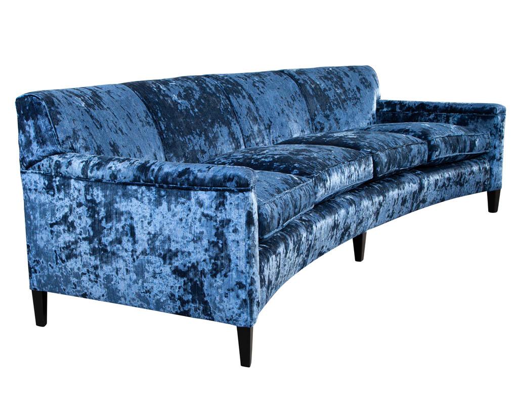 Restored Vintage Mid-Century Modern Blue Velvet Curved Sofa For Sale 4
