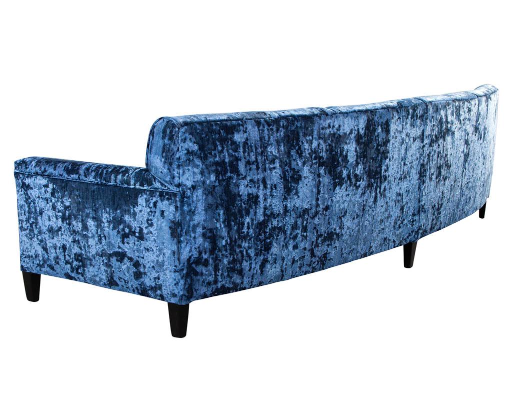 Restored Vintage Mid-Century Modern Blue Velvet Curved Sofa For Sale 5