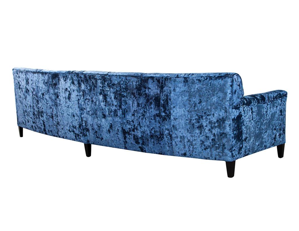 Restored Vintage Mid-Century Modern Blue Velvet Curved Sofa For Sale 6