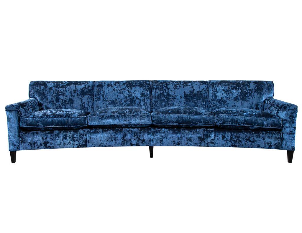Restored Vintage Mid-Century Modern Blue Velvet Curved Sofa For Sale 1