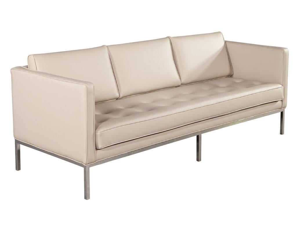 Restored Vintage Mid-Century Modern Tufted Sofa in Cream Faux Leather 4
