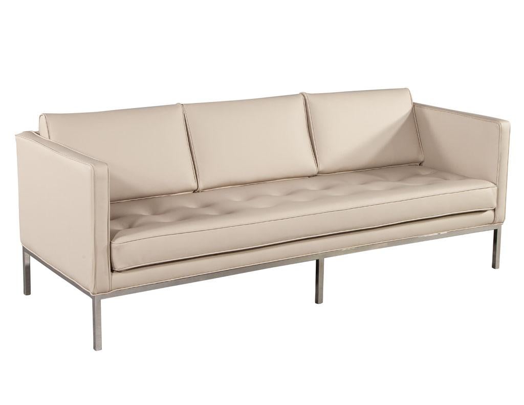 Restored Vintage Mid-Century Modern Tufted Sofa in Cream Faux Leather 5