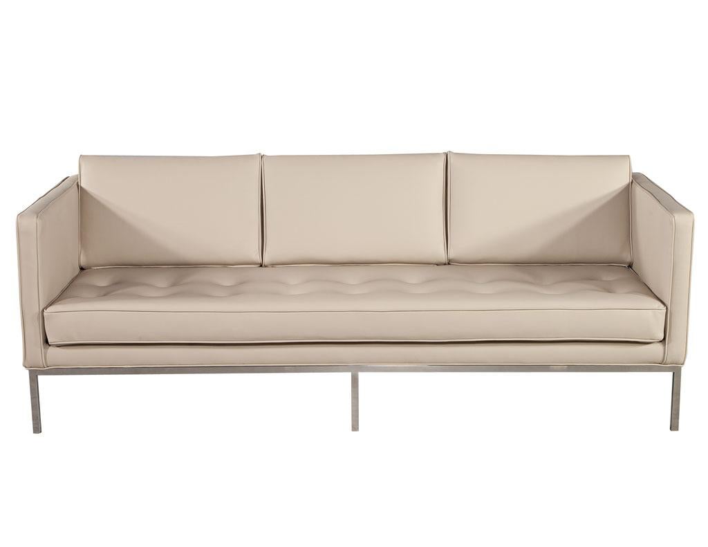Restored Vintage Mid-Century Modern Tufted Sofa in Cream Faux Leather 6