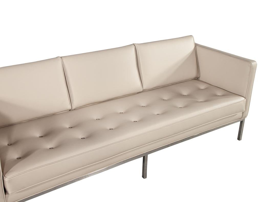 Restored Vintage Mid-Century Modern Tufted Sofa in Cream Faux Leather In Good Condition In North York, ON