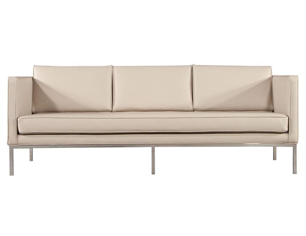Restored Vintage Mid-Century Modern Tufted Sofa in Cream Faux Leather 1